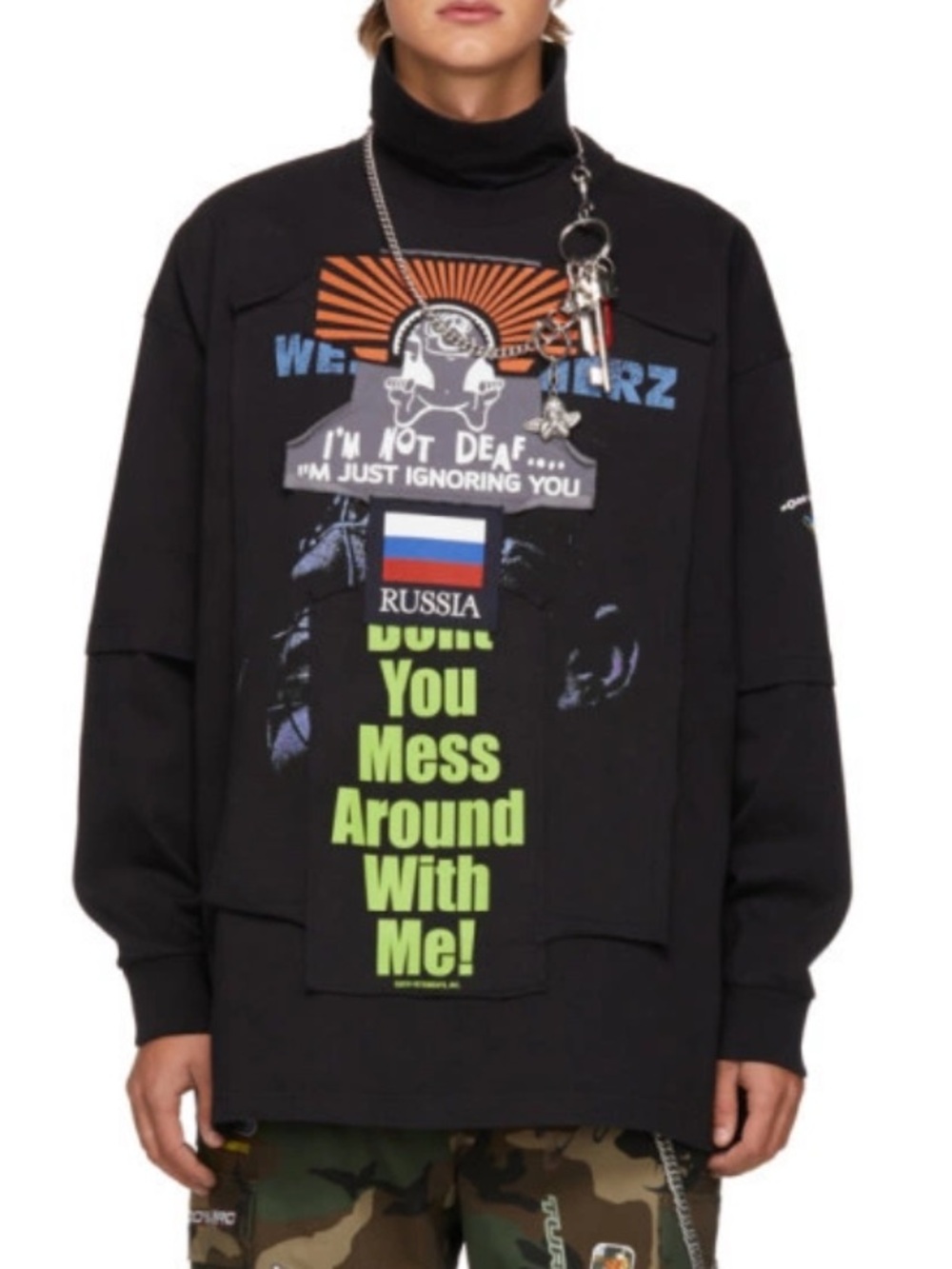 Vetements Black Turtleneck Sweater with Neon Green & Multicolor Graphic
